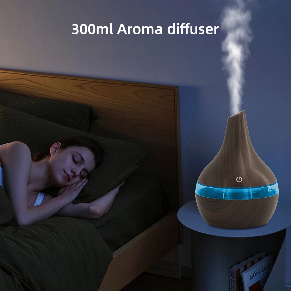 300ml Wood Grain Humidifier & Essential Oil Diffuser USB Powered Desktop Hydration, Ultra Quiet Operation, Includes 2 Aroma Oils