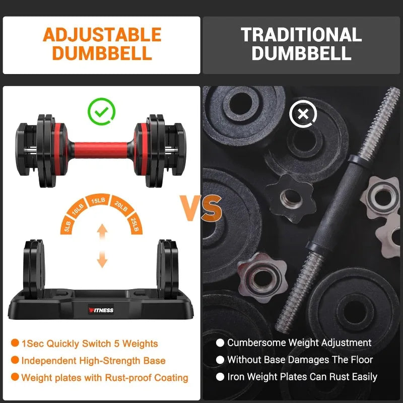 Adjustable Dumbbells Set of 2, 1-Sec Adjustable Weights Dumbbells Set, 5 in 1 Free Dumbbell with Anti-Slip Texture Handle