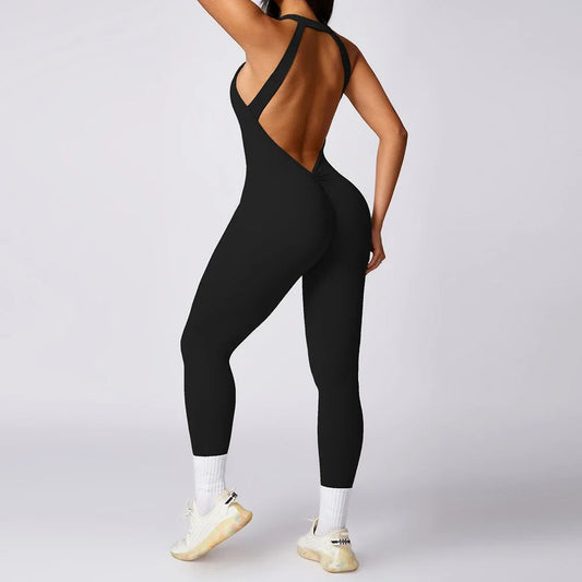 Sexy Hollow Scrunch Sporty Jumpsuits Push Up Women Sportswear One Piece Yoga Jump Suits Gym Outfit Female Fitness Overalls Black