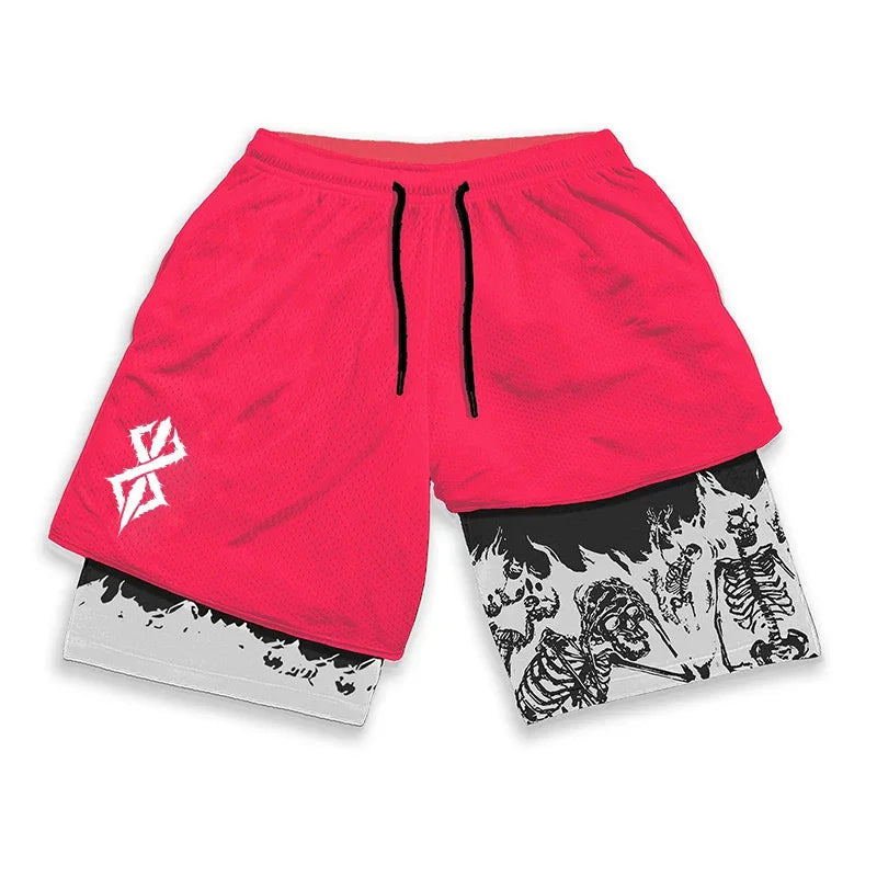 Berserk Skull Print 2 in 1 Running Workout Shorts for Men Gym Athletic Quick Dry Stretch Shorts with Pockets Summer Activewear
