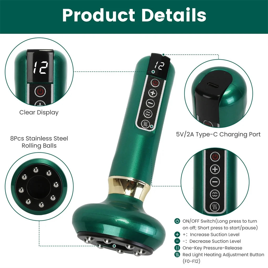 Anti Cellulite Massager with 12-Level Suction & Heating - Steel Rollers for Visible Reduction, Full-Body Versatility - Cordless,