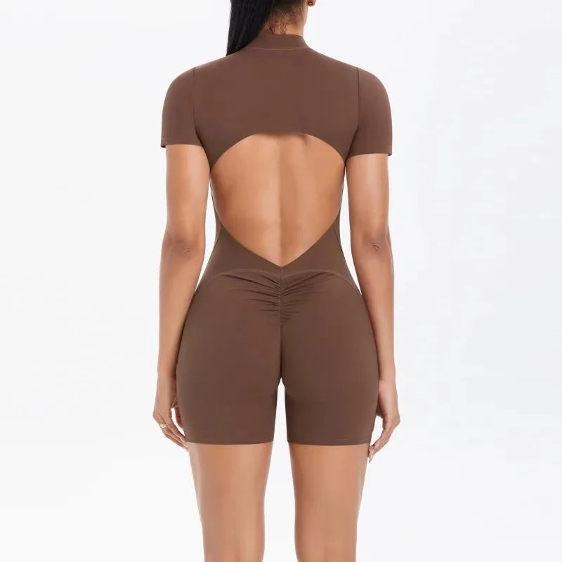 Women's Seamless Yoga Jumpsuit - Front Zip Open Back Breathable One-Piece Bodysuit for Gym Running Fitness Workout