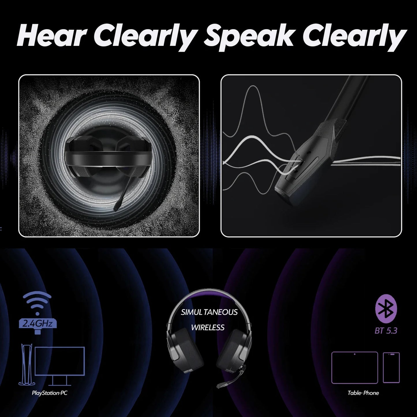 Dual Wireless Headsets Gamer with Microphone for PS5, PS4, PC, Mobile, Switch, 2.4GHz Bluetooth 5.3 Gaming Headphones