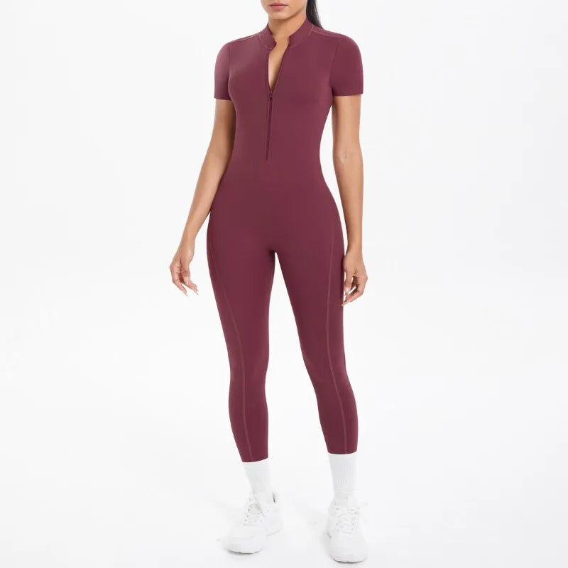 New Women's Yoga Jumpsuit Front Zipper Tight Back Hollow Out Short Sleeve-pants Fitness Running Gym Workout Suit