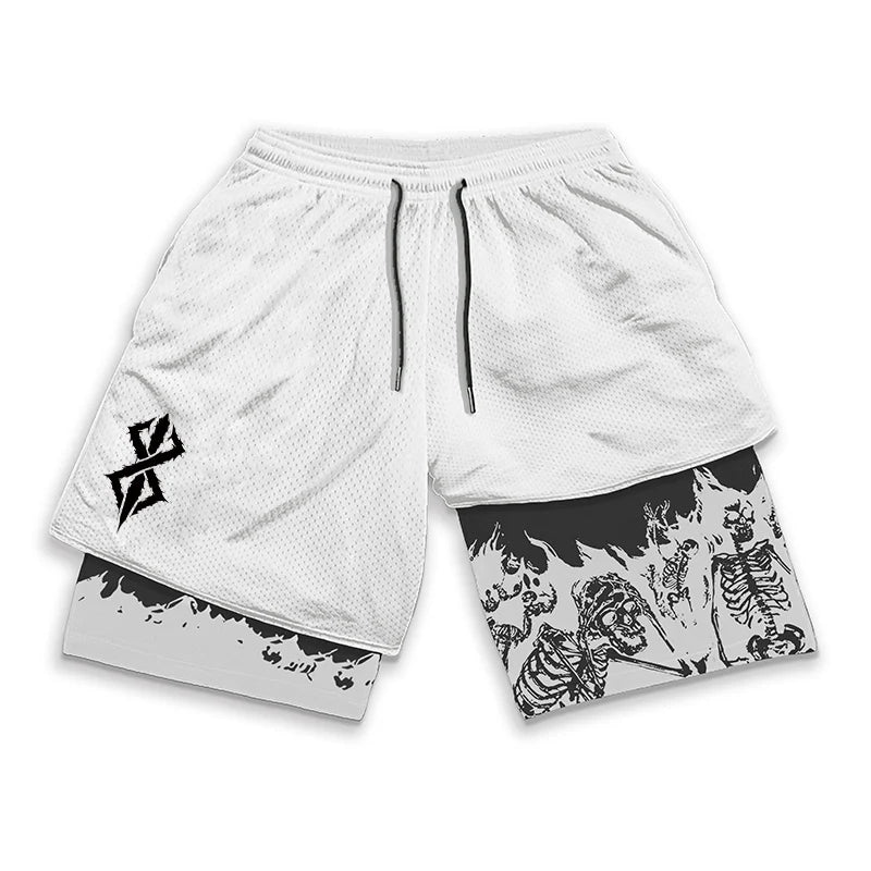 Berserk Skull Print 2 in 1 Running Workout Shorts for Men Gym Athletic Quick Dry Stretch Shorts with Pockets Summer Activewear