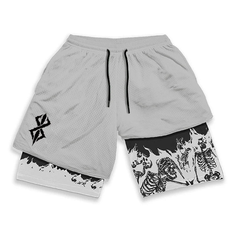 Berserk Skull Print 2 in 1 Running Workout Shorts for Men Gym Athletic Quick Dry Stretch Shorts with Pockets Summer Activewear