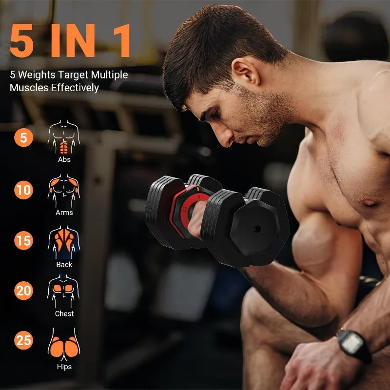 Adjustable Dumbbells Set of 2, 1-Sec Adjustable Weights Dumbbells Set, 5 in 1 Free Dumbbell with Anti-Slip Texture Handle