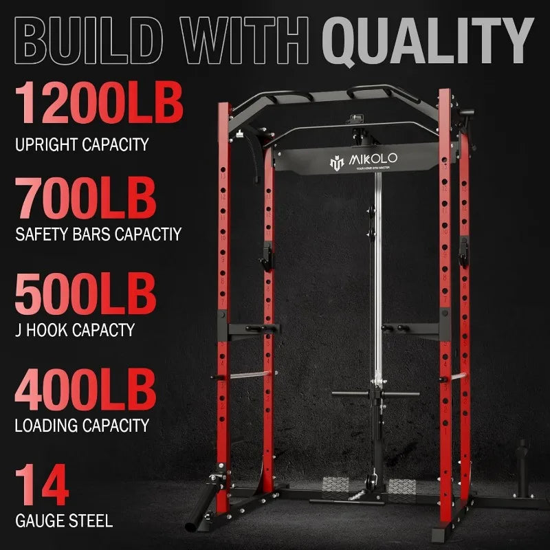 Mikolo Power Cage, Power Rack with LAT Pulldown, 1200 Pounds Capacity Workout Cage with More Training Attachments
