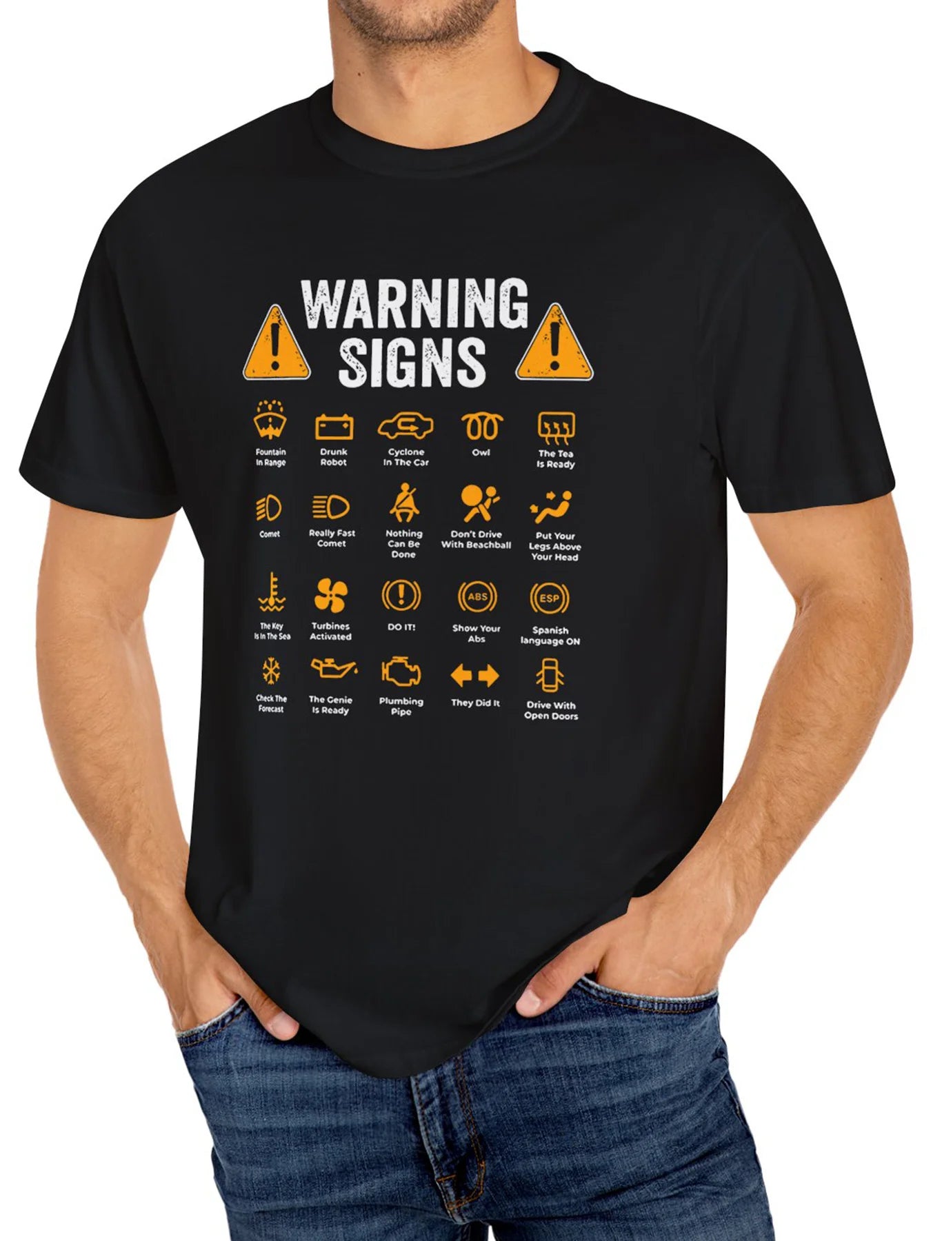 Men's Casual Cotton Crew Neck T-Shirt with Humorous Warning Signs Print Short Sleeve, Black, 100% Cotton