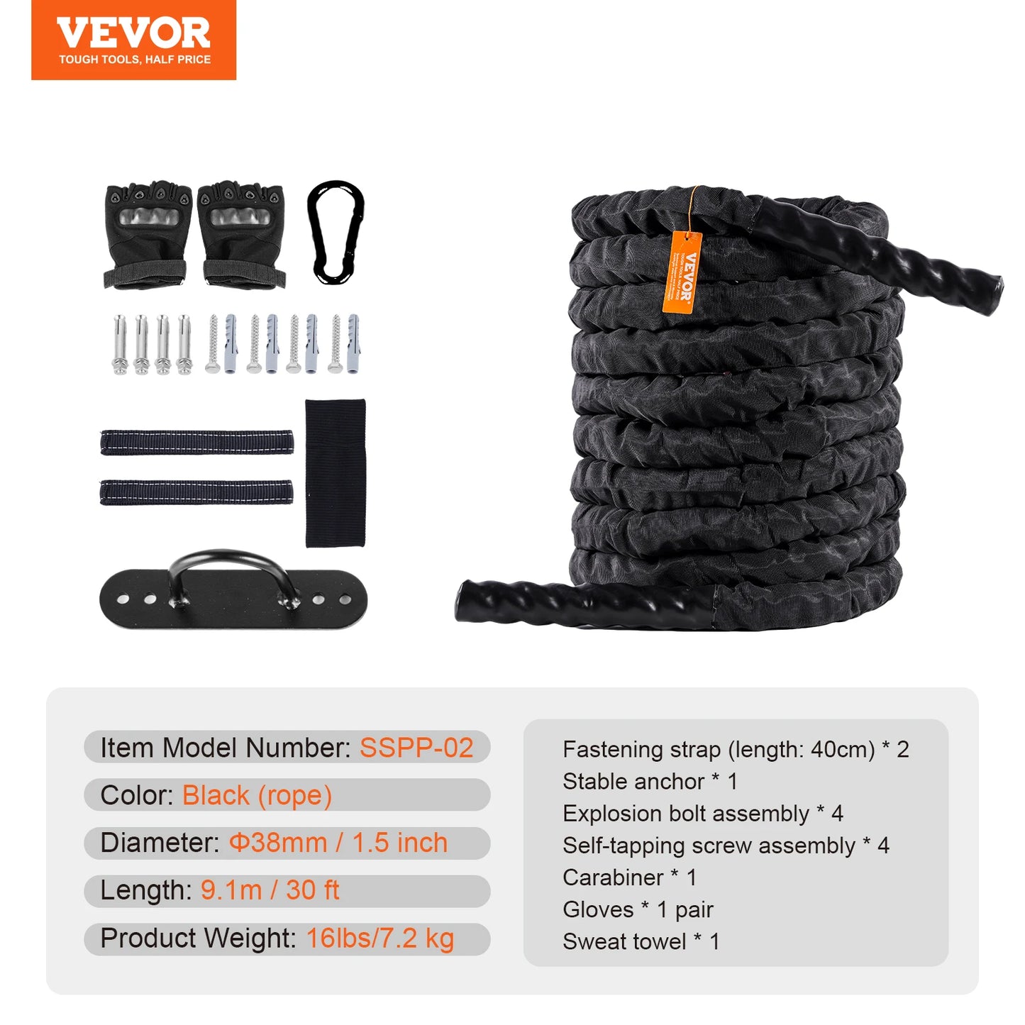 Battle Rope Polyester Exercise Rope Battle Exercise Equipment with Protective Sleeve and Anchor Heavy Weight Pull Rope