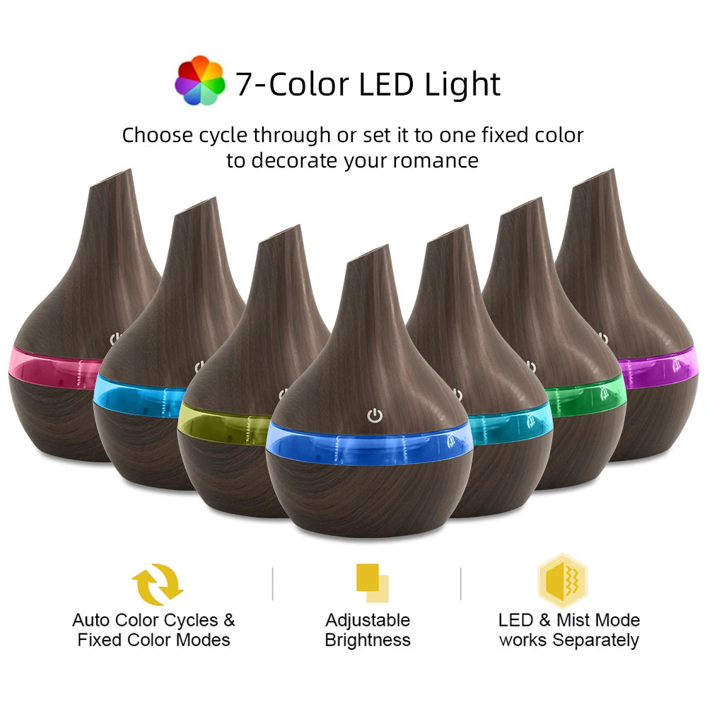300ml Wood Grain Humidifier & Essential Oil Diffuser USB Powered Desktop Hydration, Ultra Quiet Operation, Includes 2 Aroma Oils