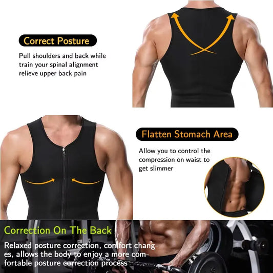 Men Body Shaper Zip Sauna Tank Top Workout Shirt Sauna Suit Plus Size Waist Trainer Vest for Weight Loss Neoprene Fitness Corset