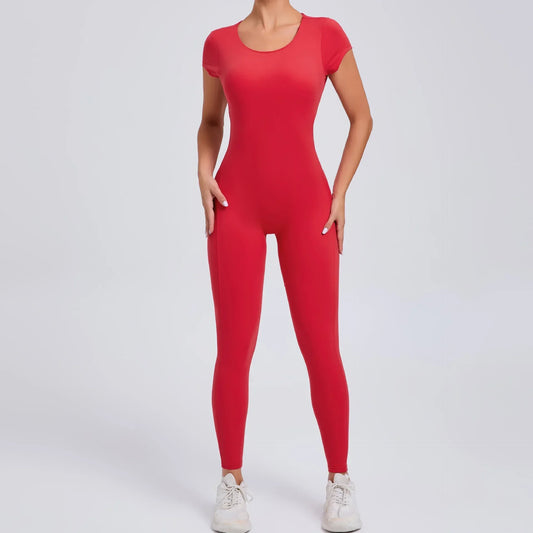 Sexy Hollow Backless Sport Jumpsuit Women Sportswear One Piece Yoga Set Gym Outfit Short Sleeve Fitness Overalls Workout Clothes