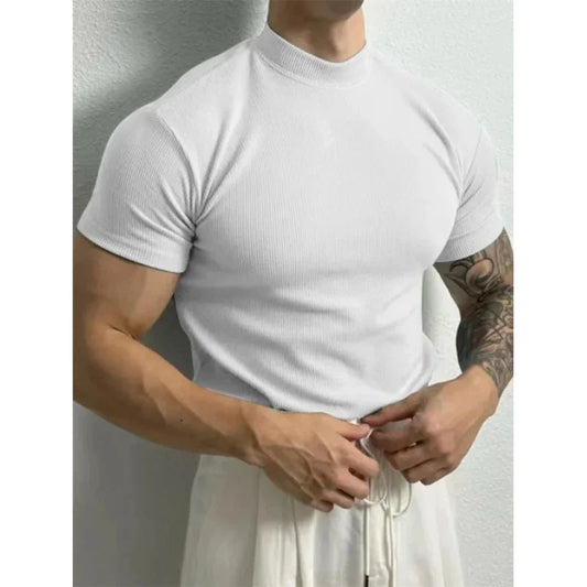 spring summer Elastic Comfortable Men's T-shirt Small high collar stripe shirt short sleeve fitness tops sports casual T-shirt