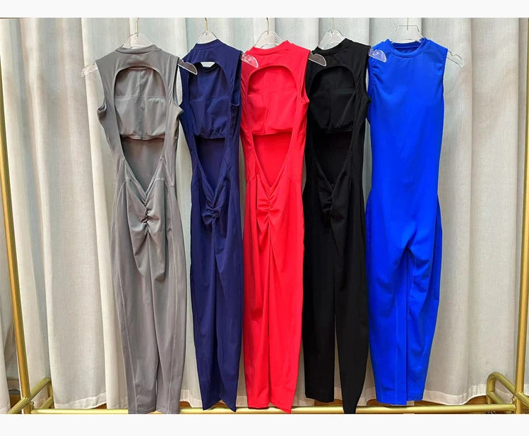 Sexy Hollowed Backless Gym Scrunch Jumpsuit with Cups Women One Piece Sport Outfits Sleeveless Yoga Fitness Bodycon Overalls Red