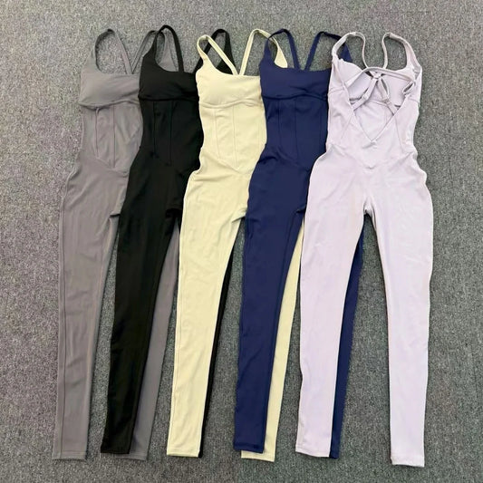 Sexy Cross Hollow Backless Gym Tight Jumpsuit Women Sport Outfit One Pieces Workout Clothes Sleeveless Yoga Fitness Overalls New
