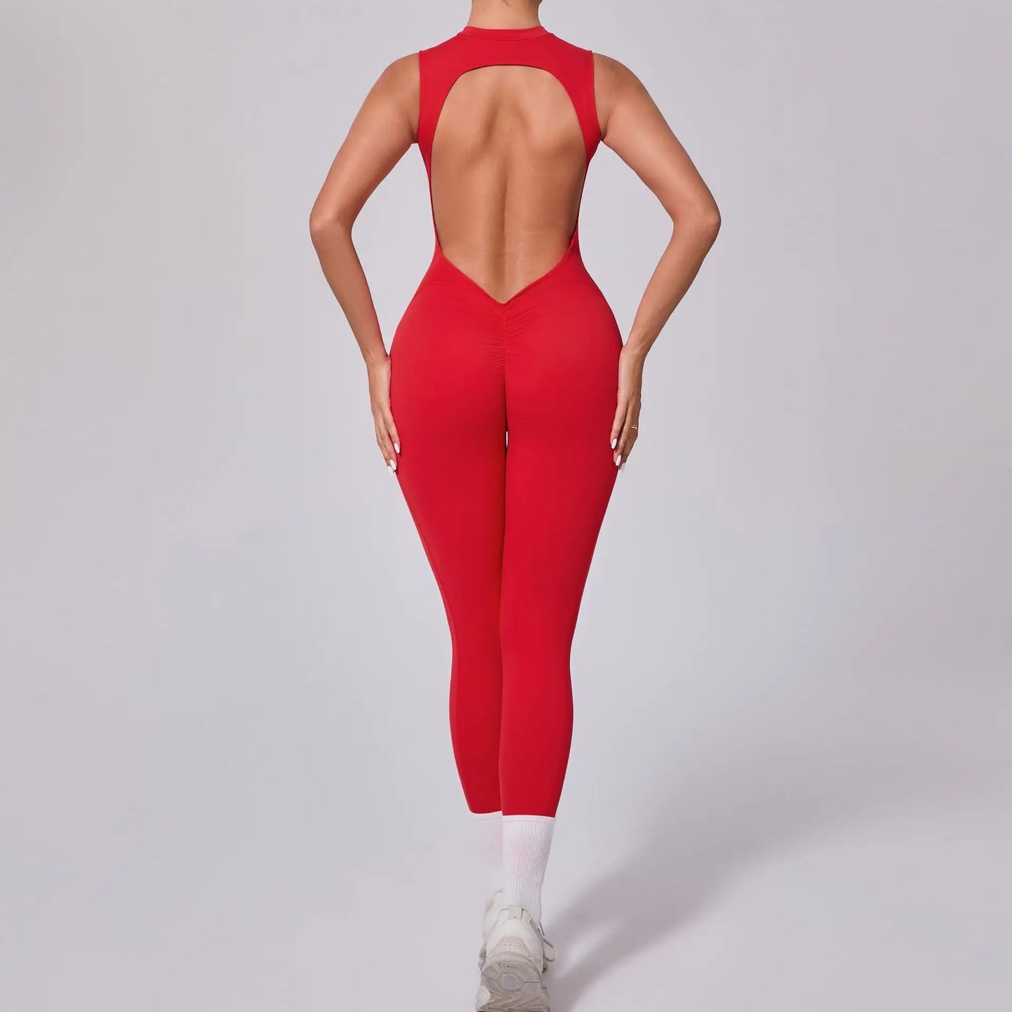 Sexy Hollowed Backless Gym Scrunch Jumpsuit with Cups Women One Piece Sport Outfits Sleeveless Yoga Fitness Bodycon Overalls Red