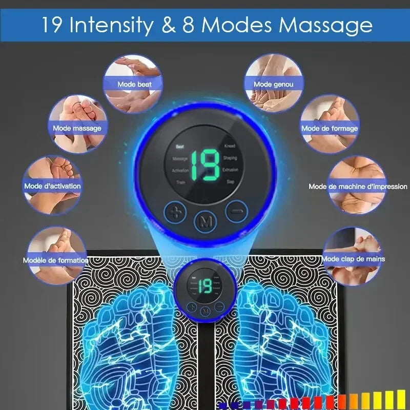 Pulse Foot Massger Sole Massage Pad Current Stimulation 8 Modes 19 Level Relaxation USB Charging Therapy Instrument Foot Spa