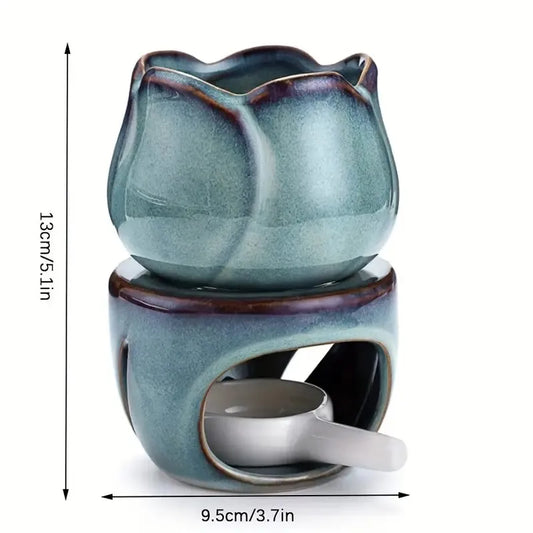 [Ceramic Aromatherapy Diffuser Set] Creative 1Set Tulip-Shaped Ceramic Aromatherapy Diffuser and Candle Holder Set - Essential O