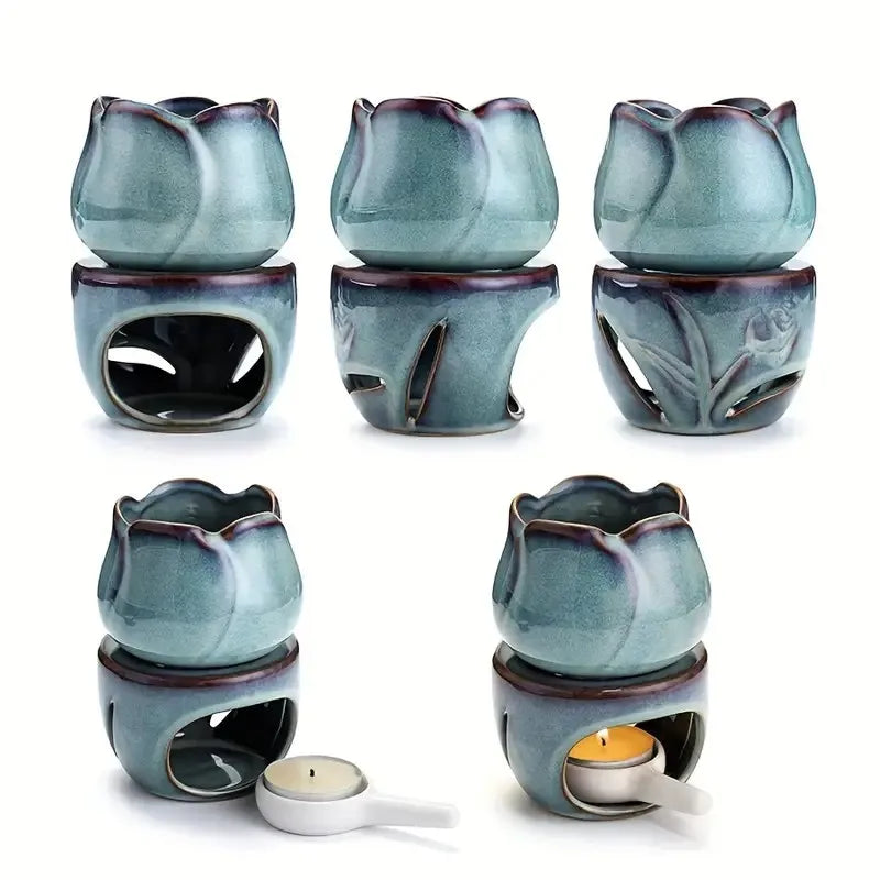 [Ceramic Aromatherapy Diffuser Set] Creative 1Set Tulip-Shaped Ceramic Aromatherapy Diffuser and Candle Holder Set - Essential O