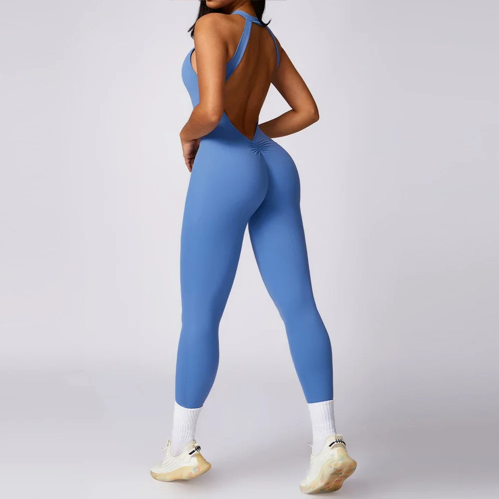 Sexy Hollow Scrunch Sporty Jumpsuits Push Up Women Sportswear One Piece Yoga Jump Suits Gym Outfit Female Fitness Overalls Black