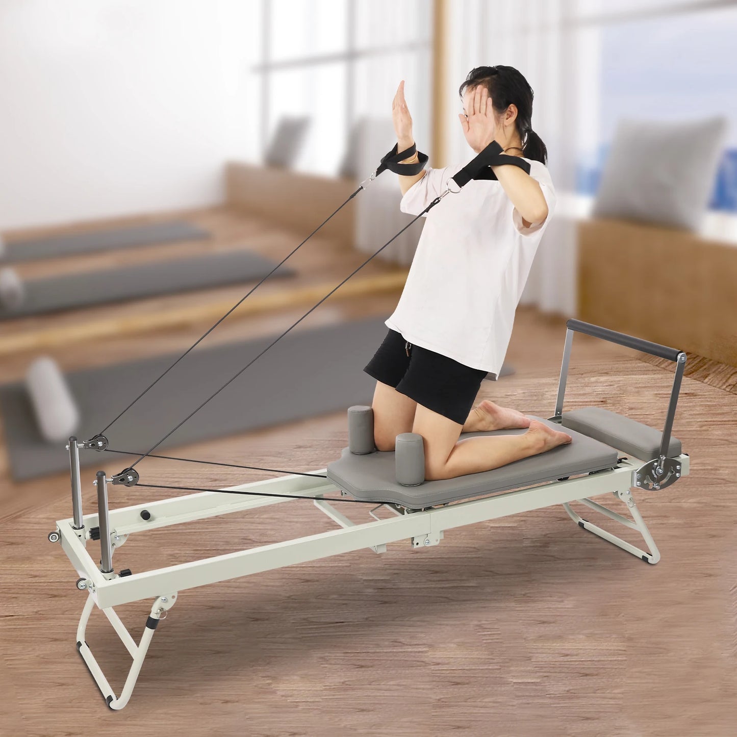 Foldable Pilates Reformer Machine with Latex Springs, 3-Level Rope Adjustment & 4-Position Foot Bar – Gym Yoga Fitness Equipment