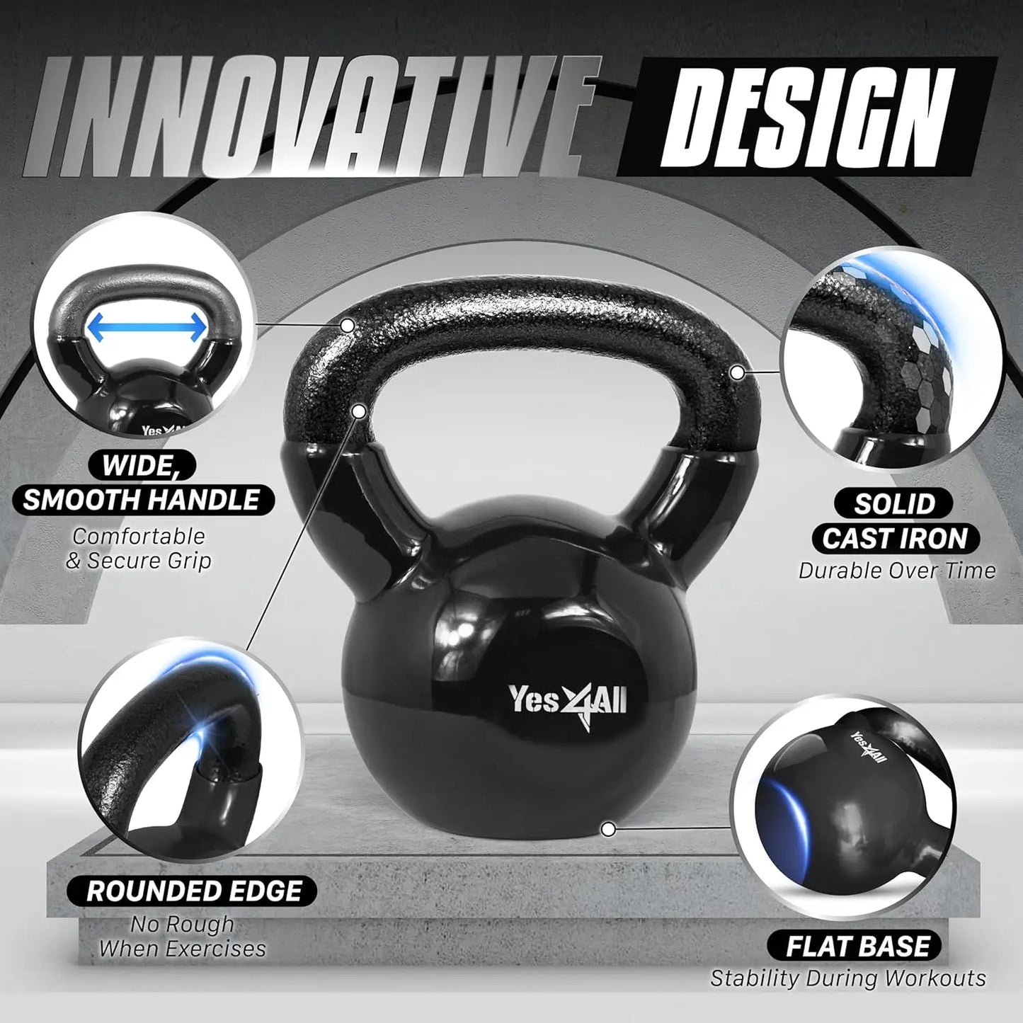 Black Kettlebell Set Vinyl Coated Weights Combo for Full Body Workout Equipment Push up, Grip Strength Training