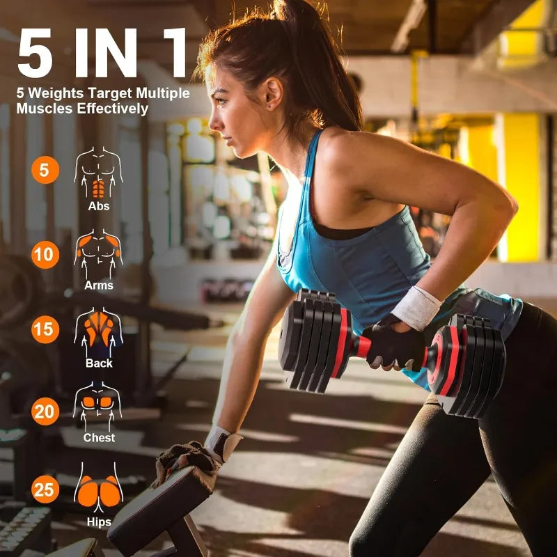 Adjustable Dumbbells Set of 2, 1-Sec Adjustable Weights Dumbbells Set, 5 in 1 Free Dumbbell with Anti-Slip Texture Handle