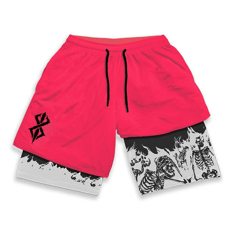 Berserk Skull Print 2 in 1 Running Workout Shorts for Men Gym Athletic Quick Dry Stretch Shorts with Pockets Summer Activewear