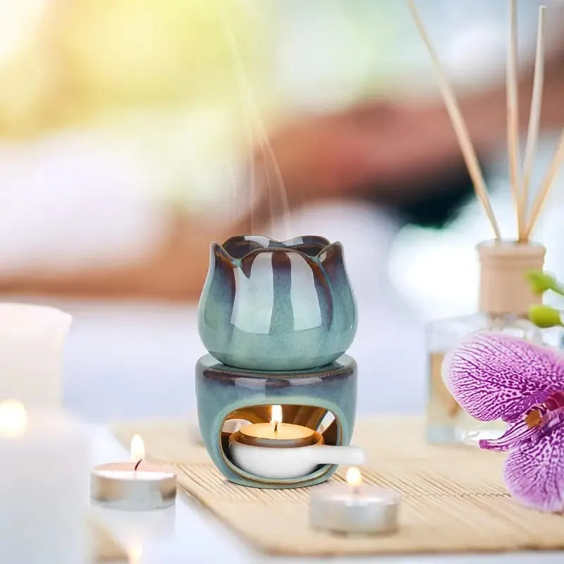 [Ceramic Aromatherapy Diffuser Set] Creative 1Set Tulip-Shaped Ceramic Aromatherapy Diffuser and Candle Holder Set - Essential O
