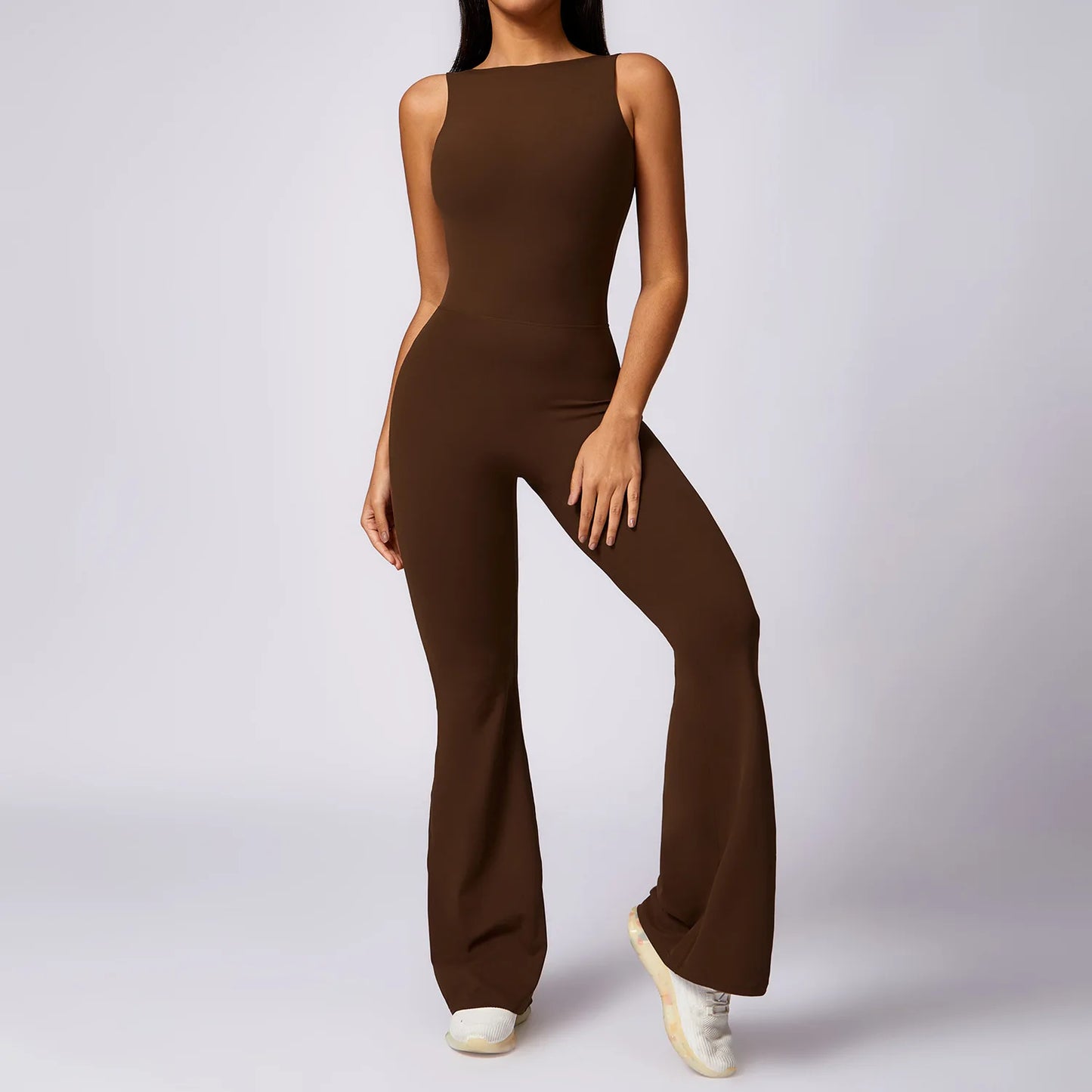 Sexy Backless Scrunch Bodycon Flared Jumpsuits Women Sportswear Gym Outfit One Piece Yoga Set Sleeveless Fitness Sport Overalls