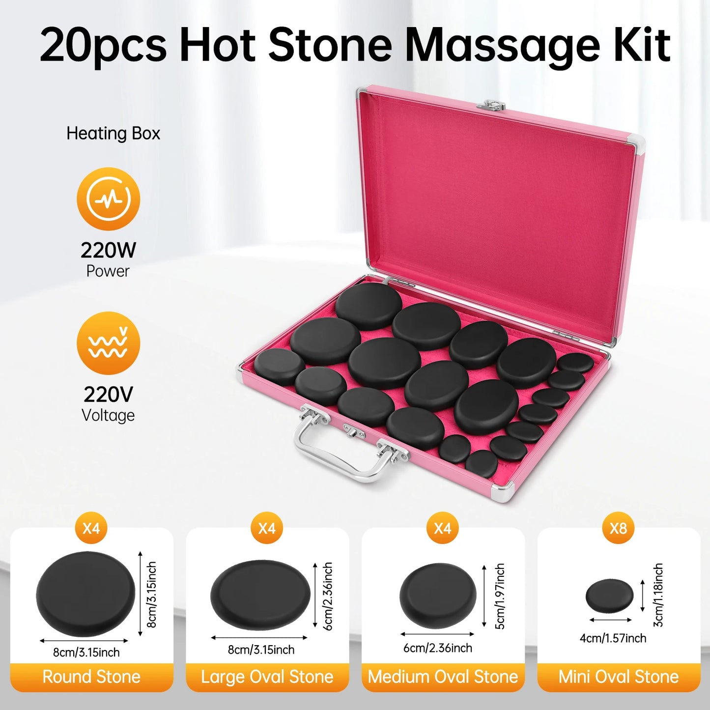20Pcs Basalt Massage Stone Set Professional Spa Massage Tool w/Heater Box for Relieve Tension and Muscle Pain 4 Specifications