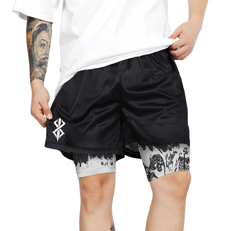 Berserk Skull Print 2 in 1 Running Workout Shorts for Men Gym Athletic Quick Dry Stretch Shorts with Pockets Summer Activewear