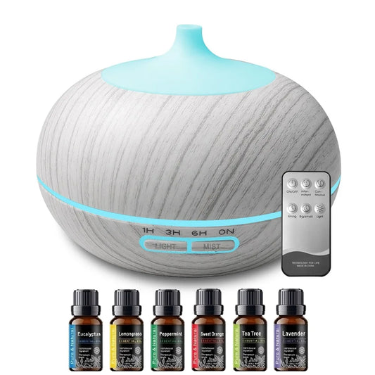 New Multi Function Aromatherapy Diffuser & Humidifier   Wood Grain Design  550ml Tank  7 LED Colors  Remote Control + 6  Essenti