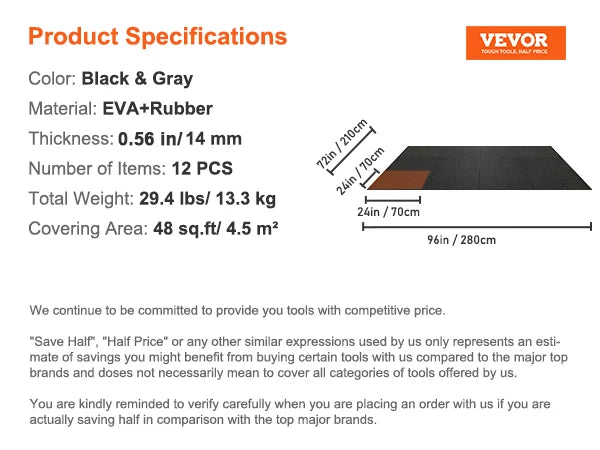 SucceBuy 25/12/6 PCS 1/2 inch Thick Gym Floor Mats EVA Foam Rubber Top Interlocking Workout Floor Mats Waterproof Exercise Mats