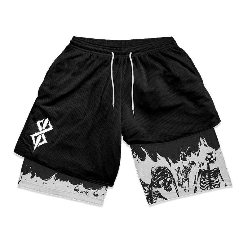 Berserk Skull Print 2 in 1 Running Workout Shorts for Men Gym Athletic Quick Dry Stretch Shorts with Pockets Summer Activewear